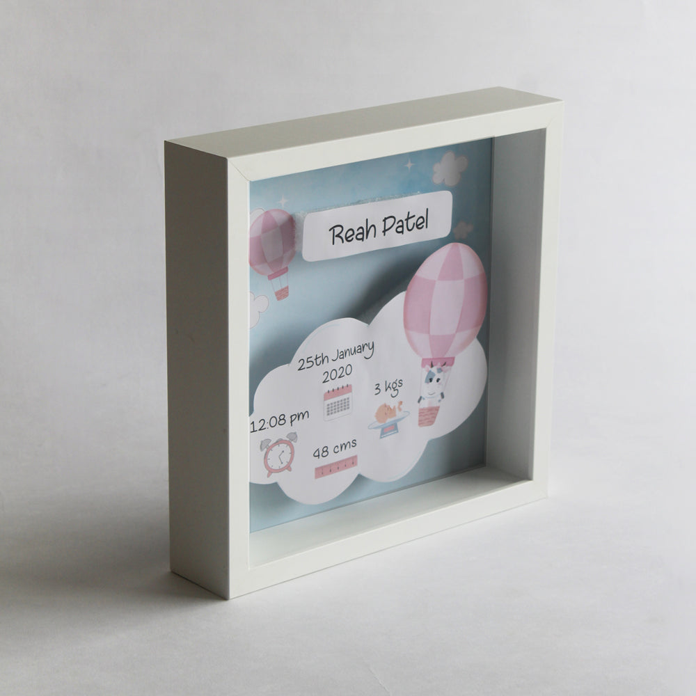 Shadow Box Birth Statistics Frame - Hot Air Balloon Blue/ Pink