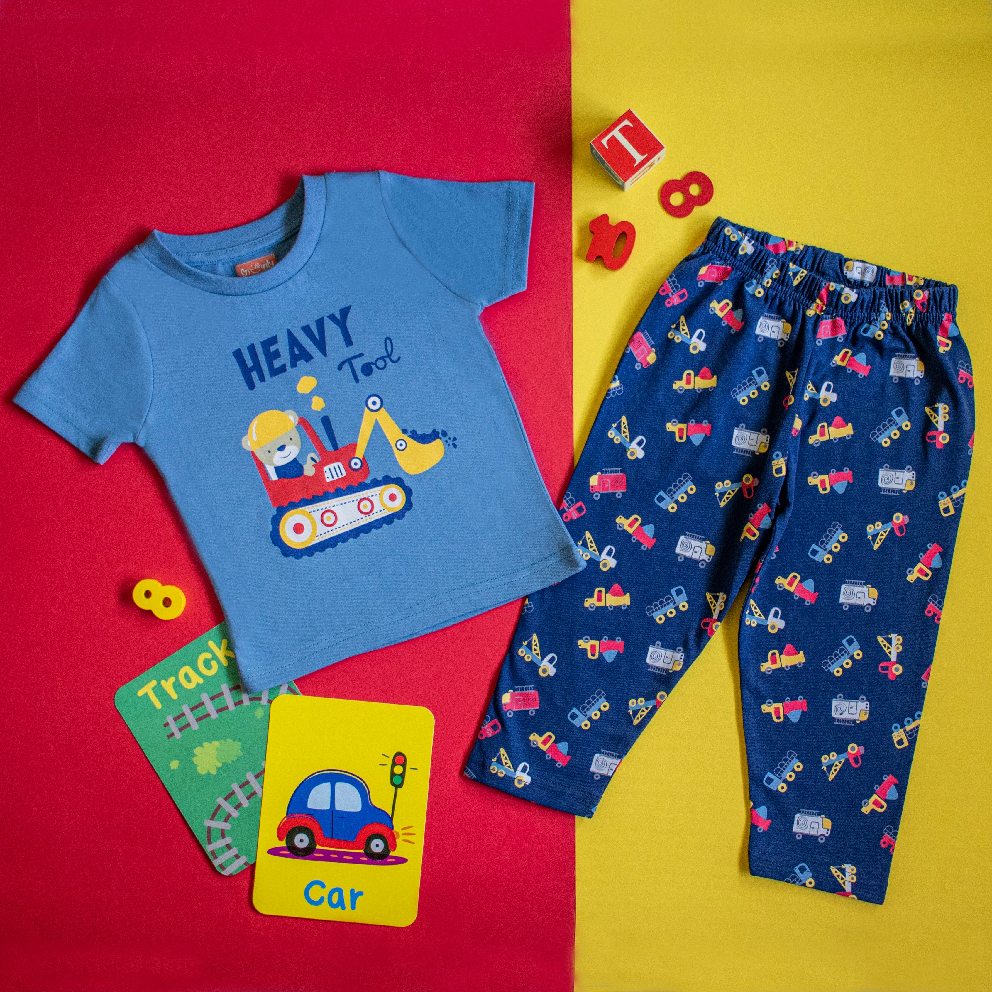 Snuggly Monkey Half-Sleeves Car Print T-shirt And Shorts Set- Dark Blue