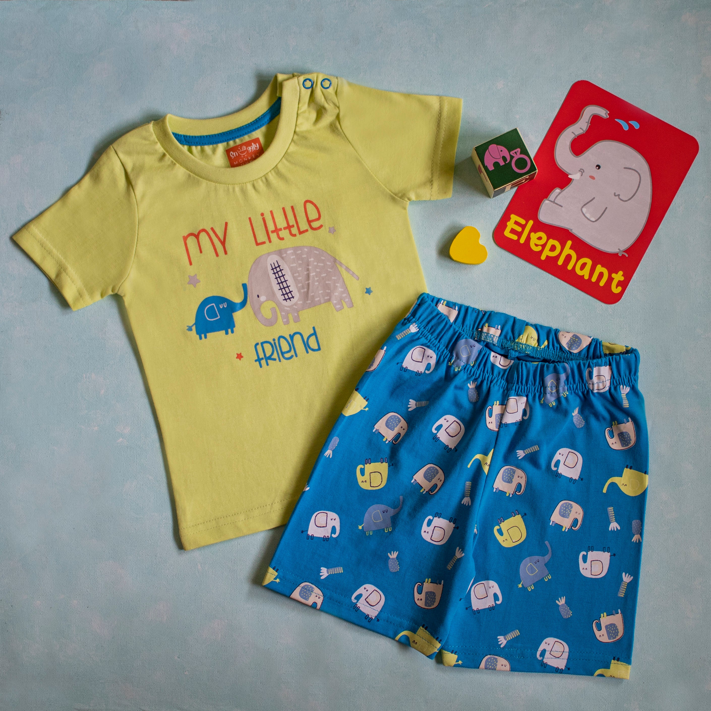 Snuggly Monkey Half-Sleeves Elephant Print T-shirt & Short Set - Lime