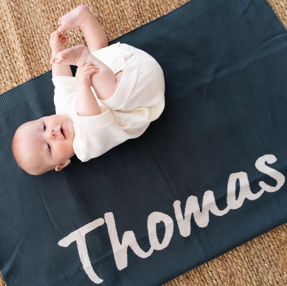 Indigo Navy Personalized Organic Cotton Knitted Blanket Single