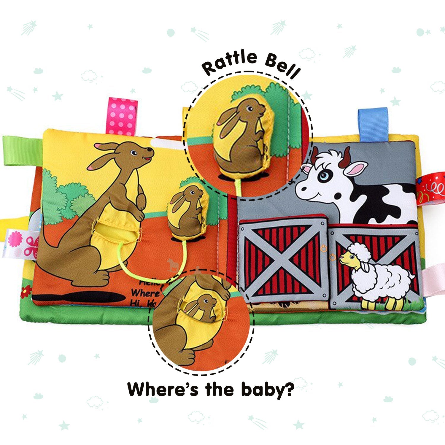 Baby Moo Baby Animals With Squeaker, Rattle And Rustle Paper Sound Cloth Book - Blue