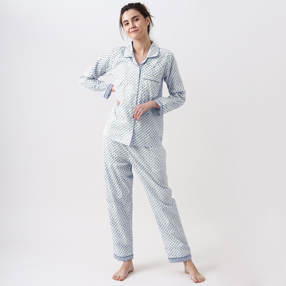 Jade Blockprint Pajama Set for Women (Indigo)