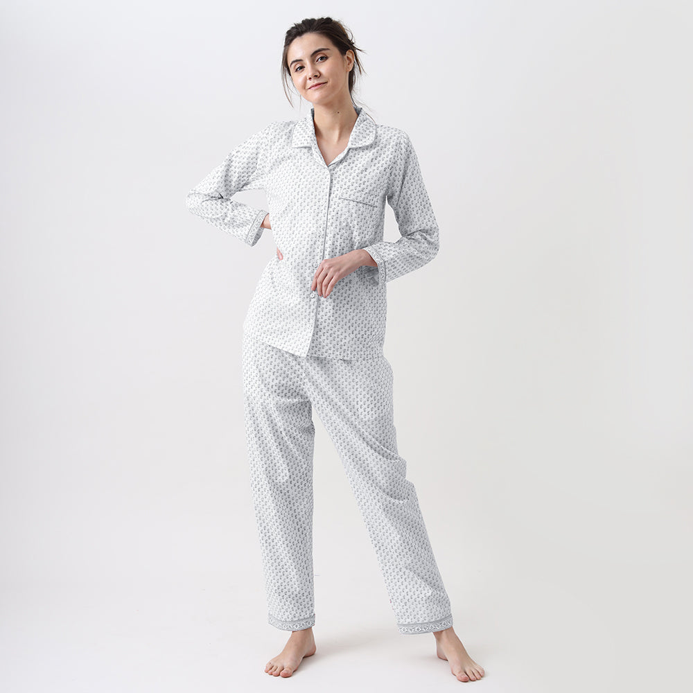 Jade Blockprint Pajama Set for Women (Grey)