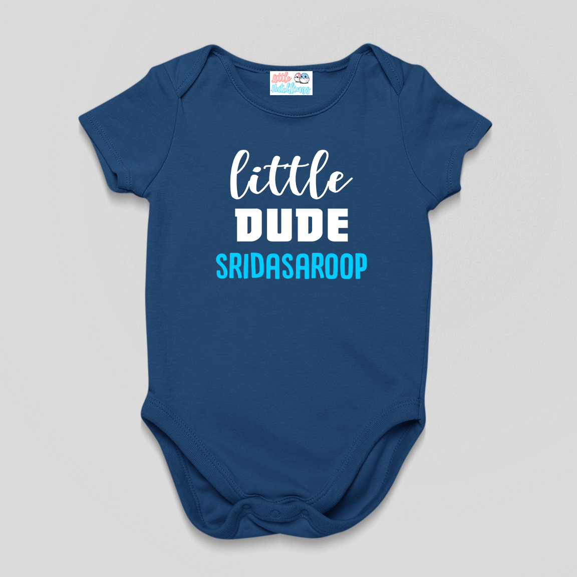 Little Dude Baby Name Navy Blue Onesie