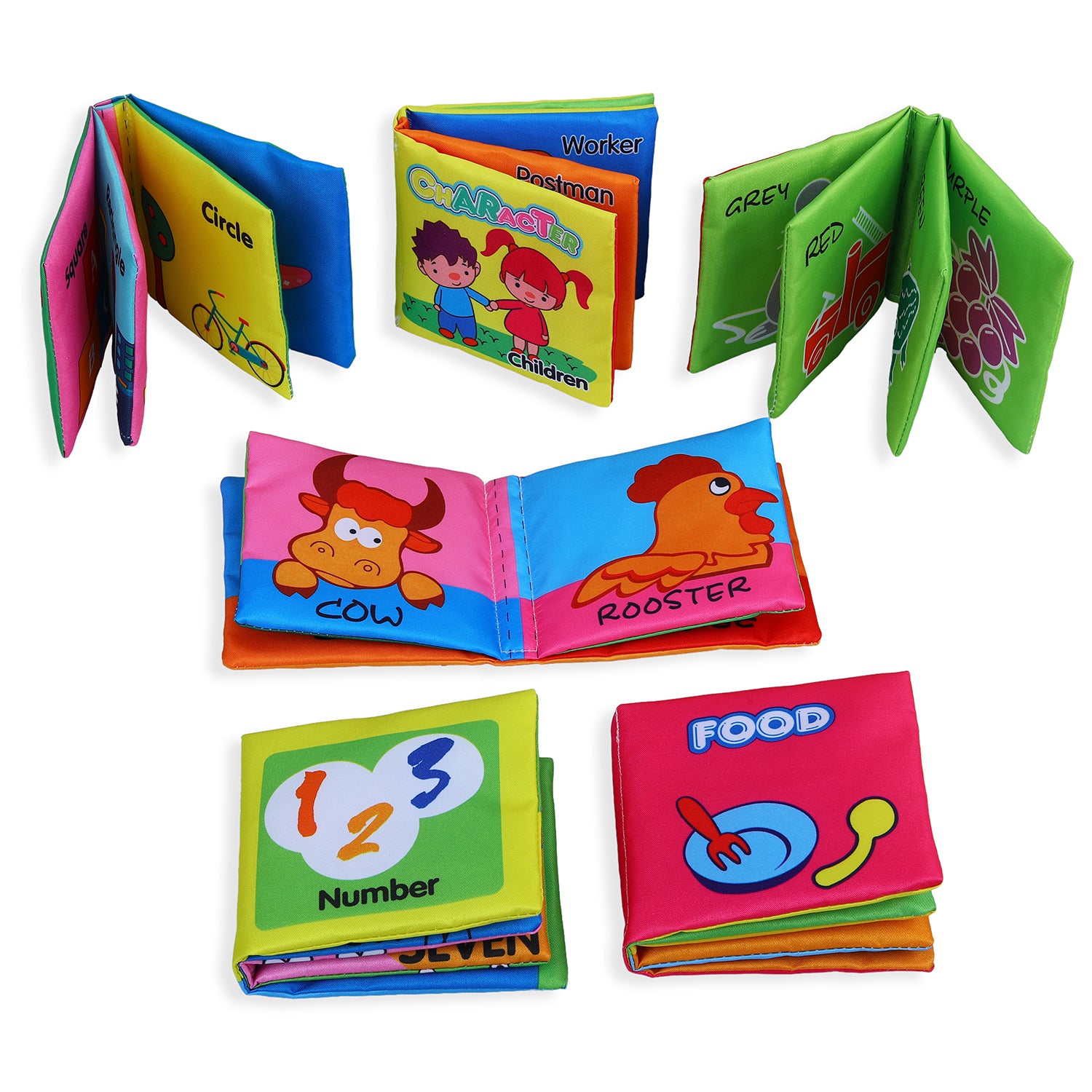 Baby Moo Numbers Animals Shapes Colours Food Characters Educational Cloth Book With Sound Paper Set Of 6 - Multicolour