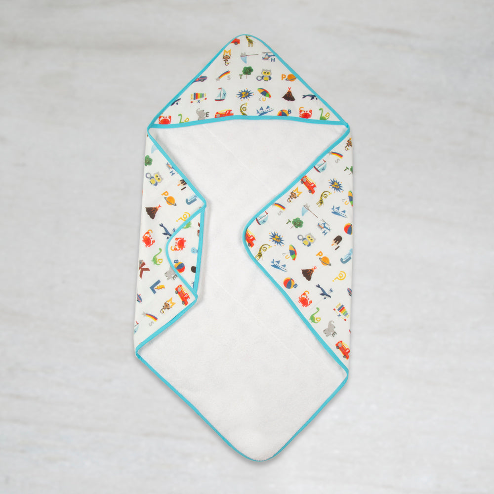 Alphabets Blue Organic Muslin Hooded Towel