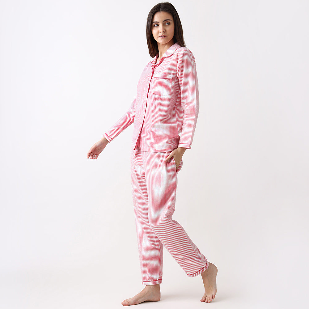 Classic Pink Stripes Pyjama Set for Women