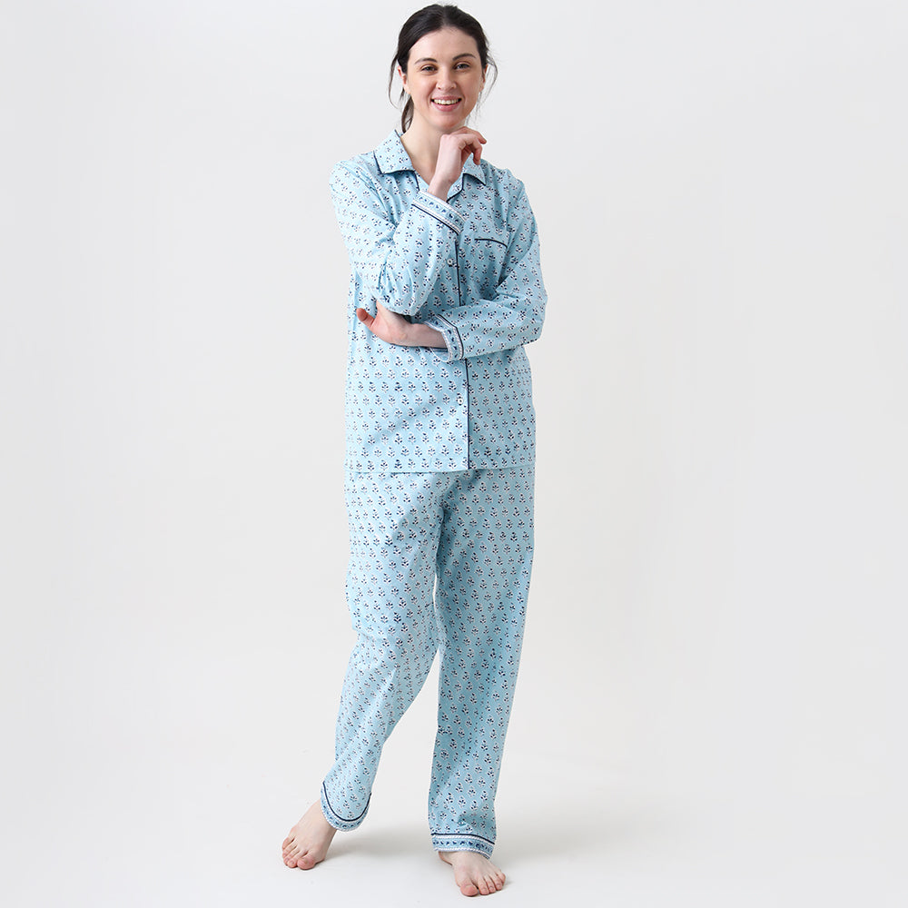 Lily Blockprint Pajama Set for Women (English Blue)