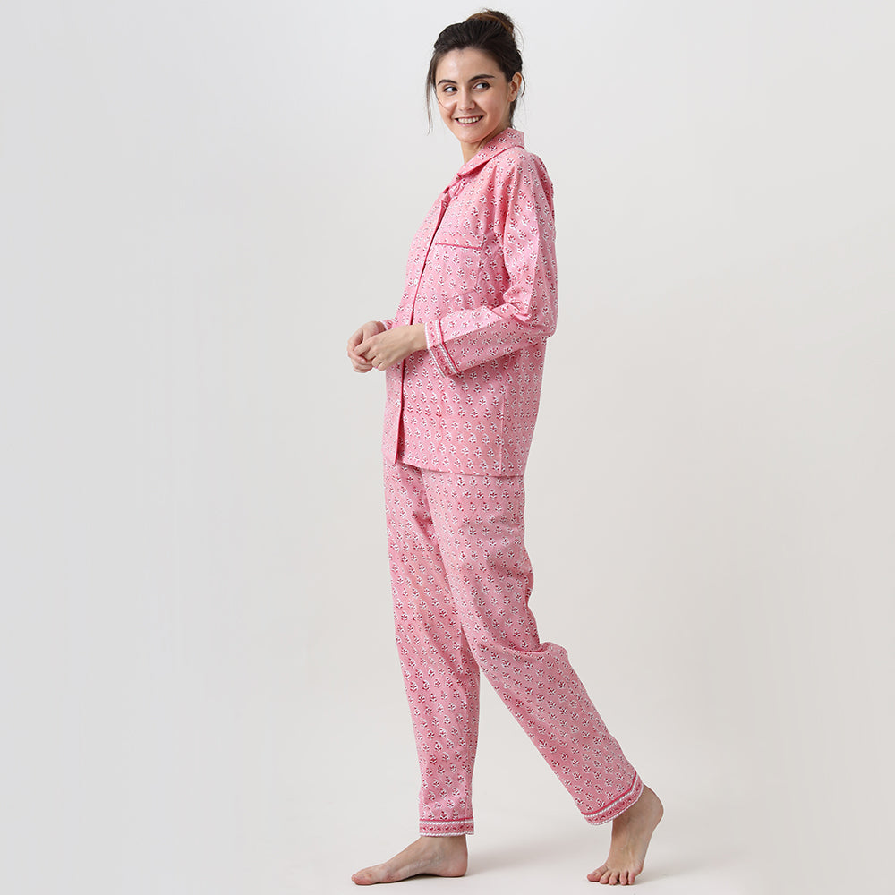 Lily Blockprint Pajama Set for Women (Watermelon Pink)