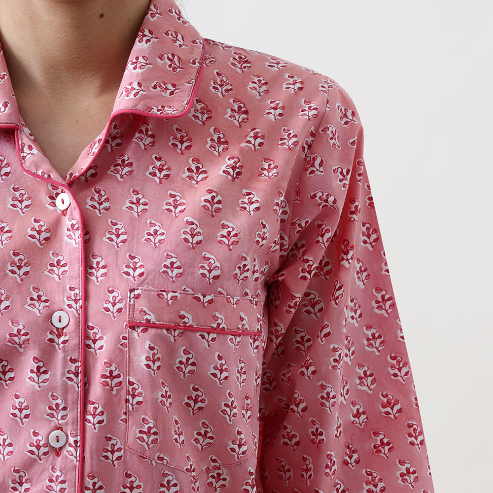 Lily Blockprint Pajama Set for Women (Watermelon Pink)