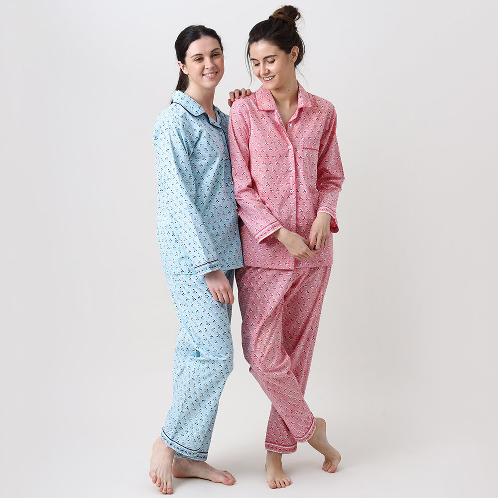 Lily Blockprint Pajama Set for Women (Watermelon Pink)