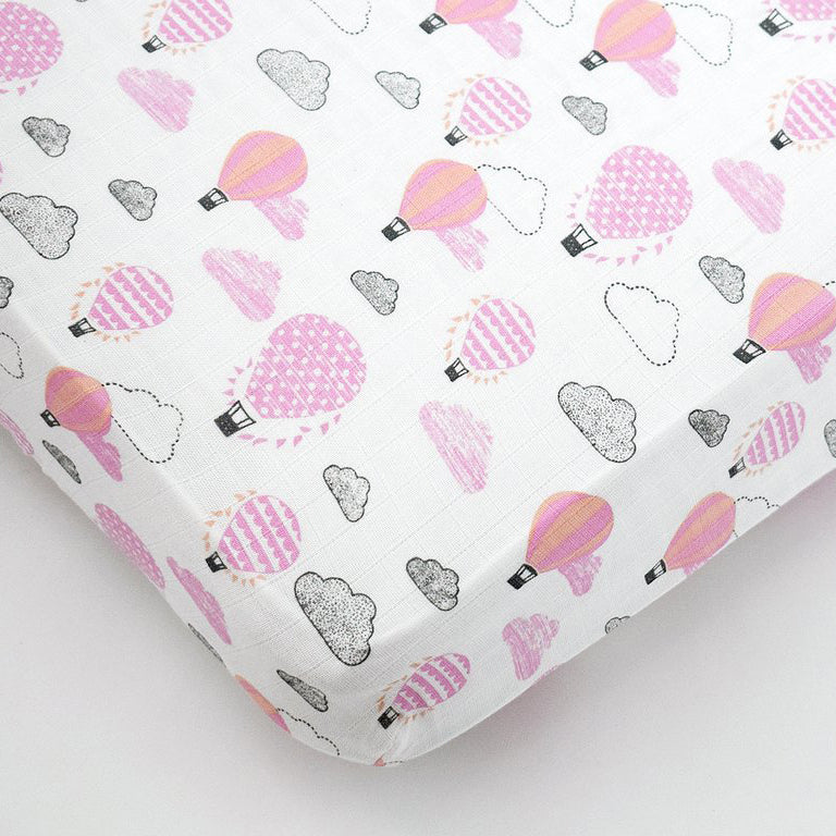 Masilo Organic Fitted Cot Sheet - Up Up & Away (Pink)