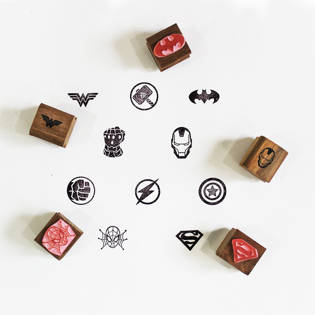 Wooden Craft Icon Stamps Ten Stamps Set With Stamp Pad - Superheroes