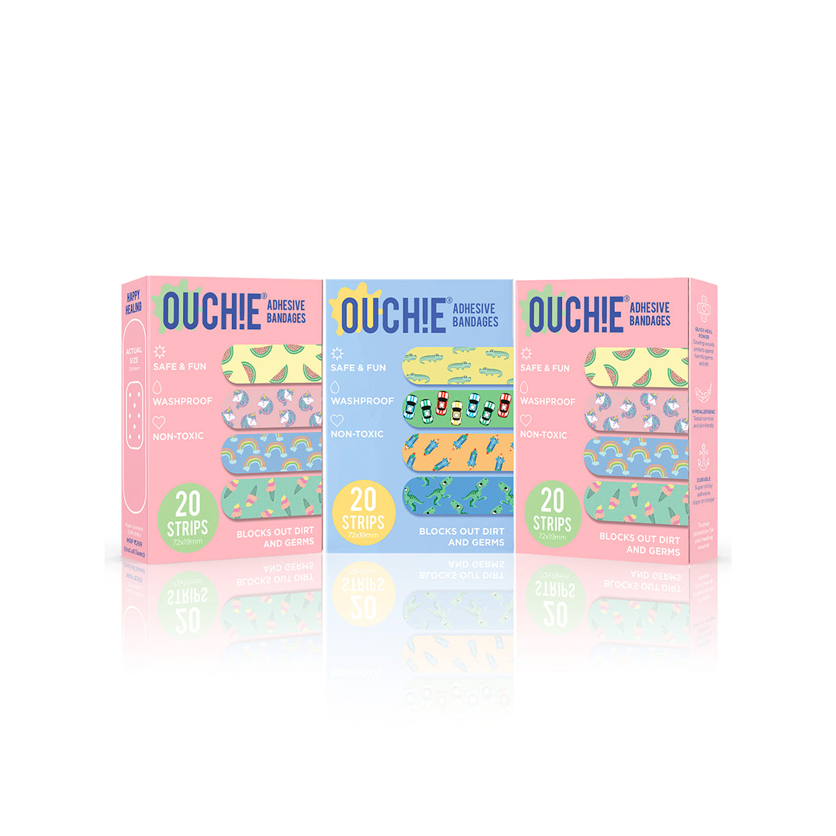 'Ouchie Printed Bandages' Combo Pack of 3 (20 x 3 = 60) (2 Pink & 1 Blue)