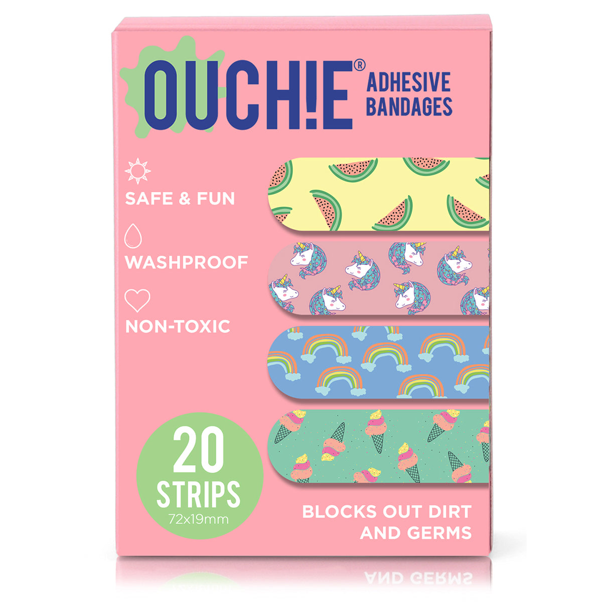 Ouchie Non-Toxic Printed Bandages COMBO Set of 3 (3 x 20= 60 Pack)- (PINK, BLUE & LAVENDER)