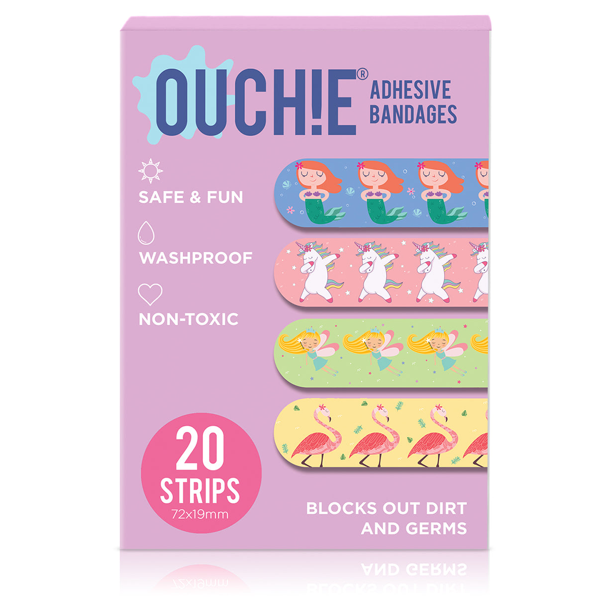 Ouchie Non-Toxic Printed Bandages COMBO Set of 3 (3 x 20= 60 Pack)- (PINK, BLUE & LAVENDER)