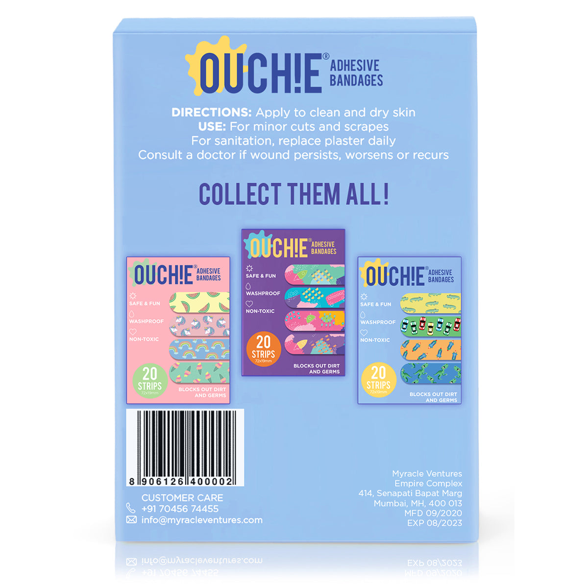 Ouchie Non-Toxic Printed Bandages COMBO Set of 3 (3 x 20= 60 Pack)- (PINK, BLUE & LAVENDER)