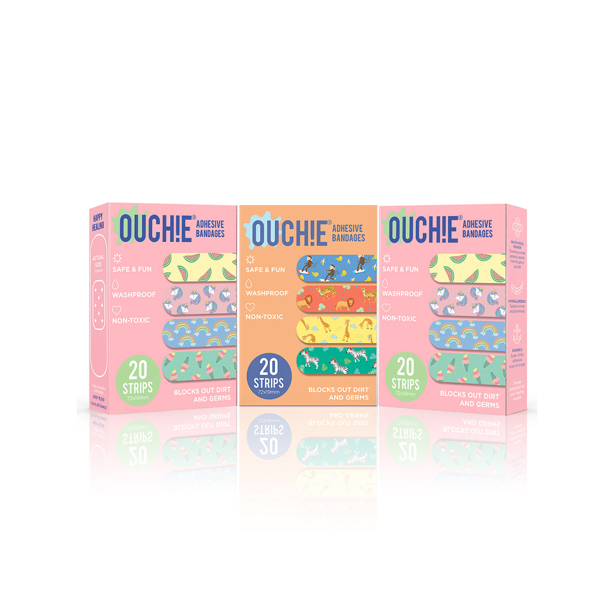 'Ouchie Printed Bandages'  Combo Pack of 3 (20 x 3 = 60) (2 Pink & 1 Orange)