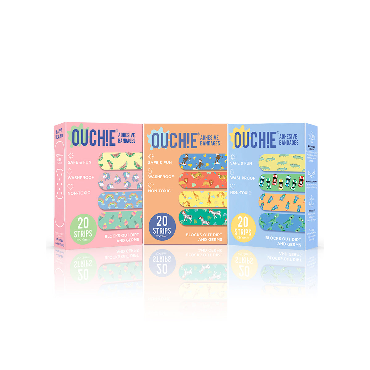 Ouchie Non-Toxic Printed Bandages COMBO Set of 3 (3 x 20= 60 Pack)- (PINK, ORANGE & BLUE)