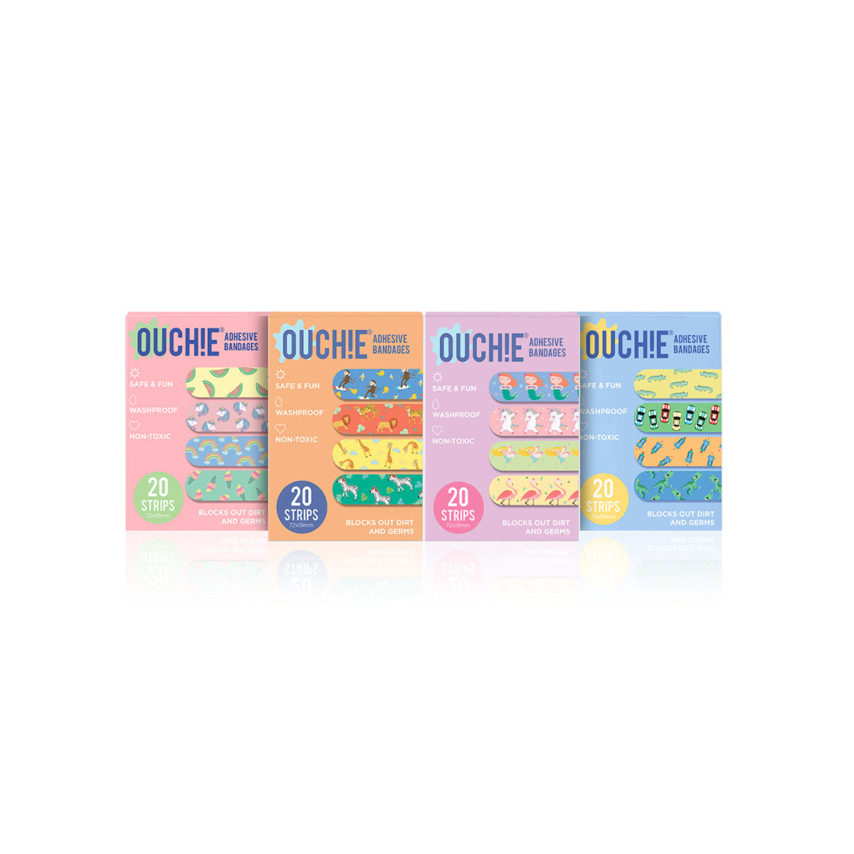 Ouchie Non-Toxic Printed Bandages Quadruple Set (80 Pack)- (PINK, ORANGE, BLUE & LAVENDER)