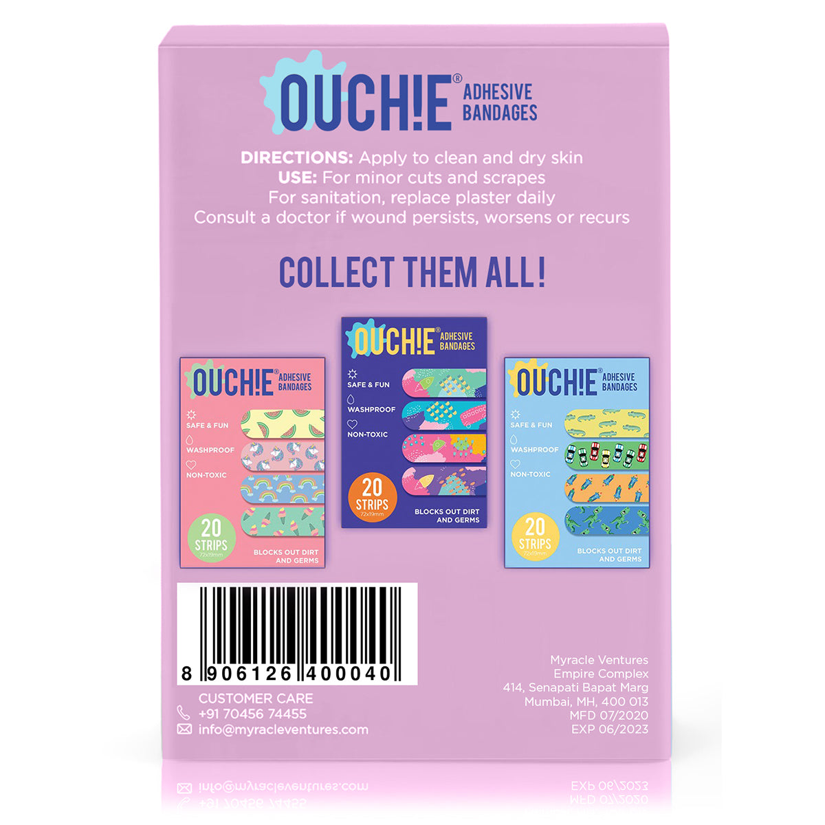 Ouchie Non-Toxic Printed Bandages Quadruple Set (80 Pack)- (PINK, ORANGE, BLUE & LAVENDER)