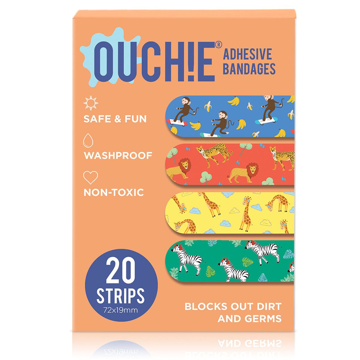 Ouchie Non-Toxic Printed Bandages Quadruple Set (80 Pack)- (PINK, ORANGE, BLUE & LAVENDER)