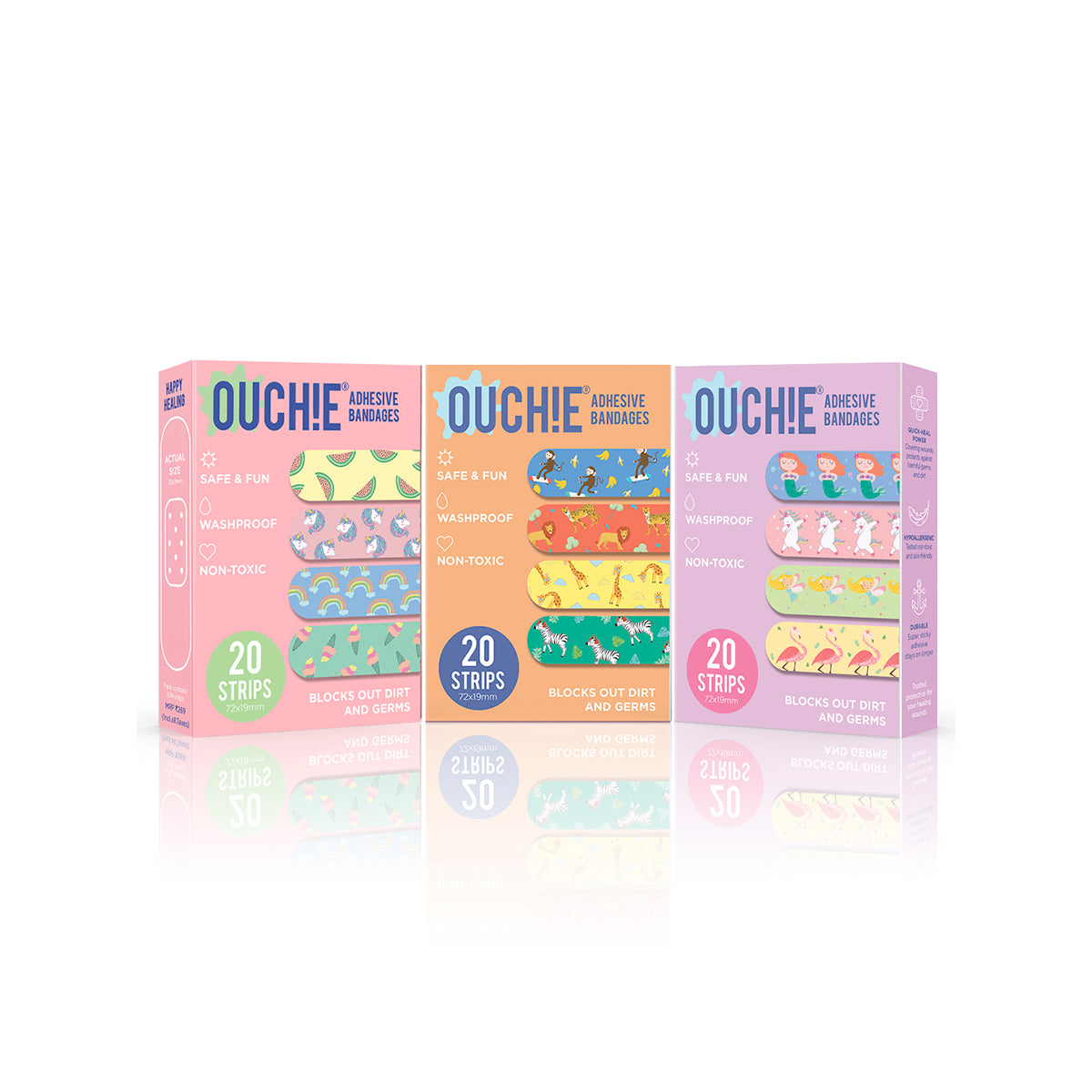 Ouchie Non-Toxic Printed Bandages COMBO Set of 3 (3 x 20= 60 Pack)- (PINK, ORANGE & LAVENDER)