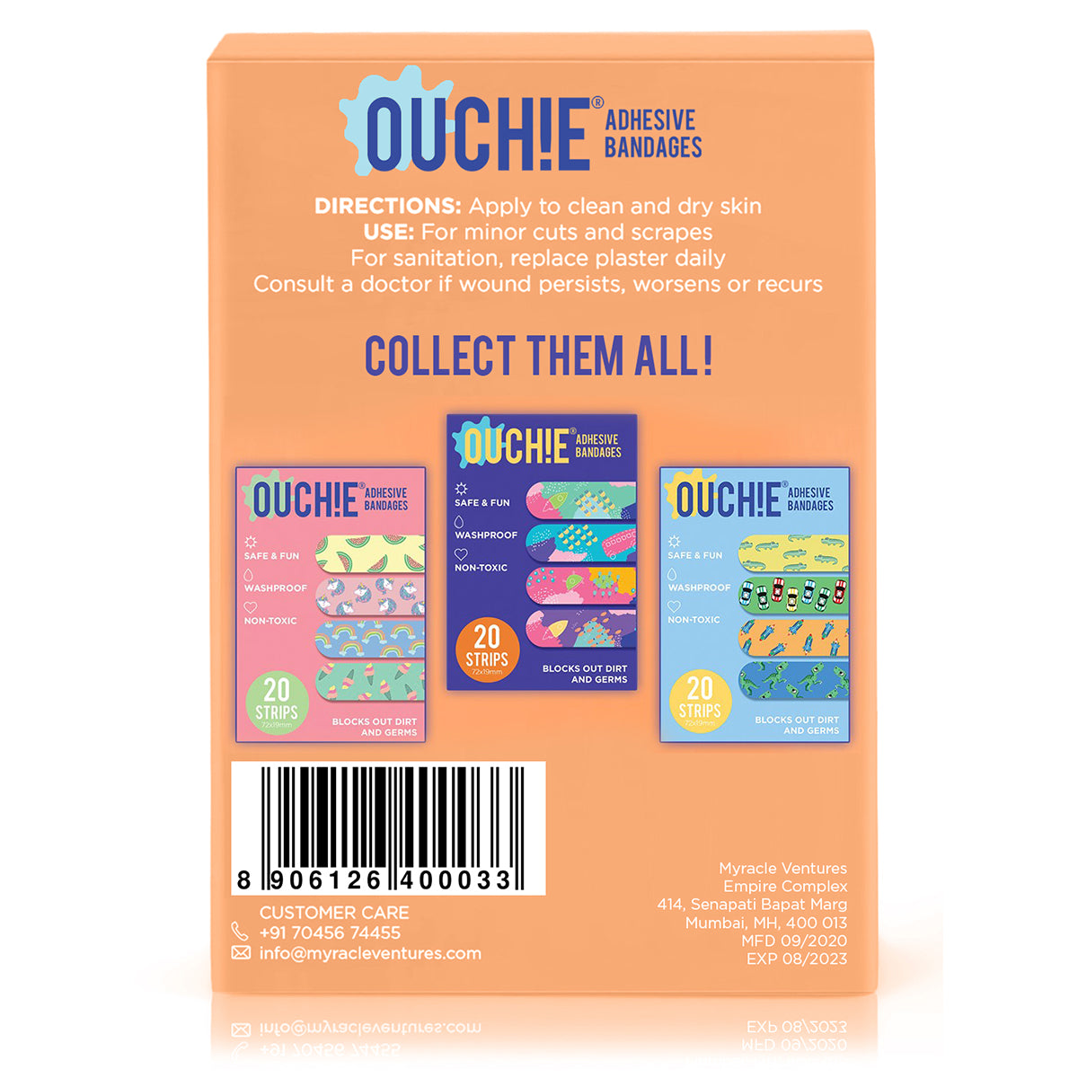 Ouchie Non-Toxic Printed Bandages COMBO Set of 3 (3 x 20= 60 Pack)- (PINK, ORANGE & LAVENDER)