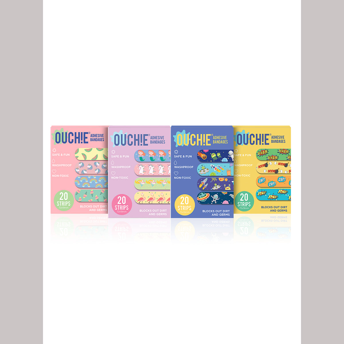 AYA PAPAYA Ouchie NON-TOXIC Printed JUMBO Pack (80 PACK) - Pink, Lavender, Space Blue, Yellow