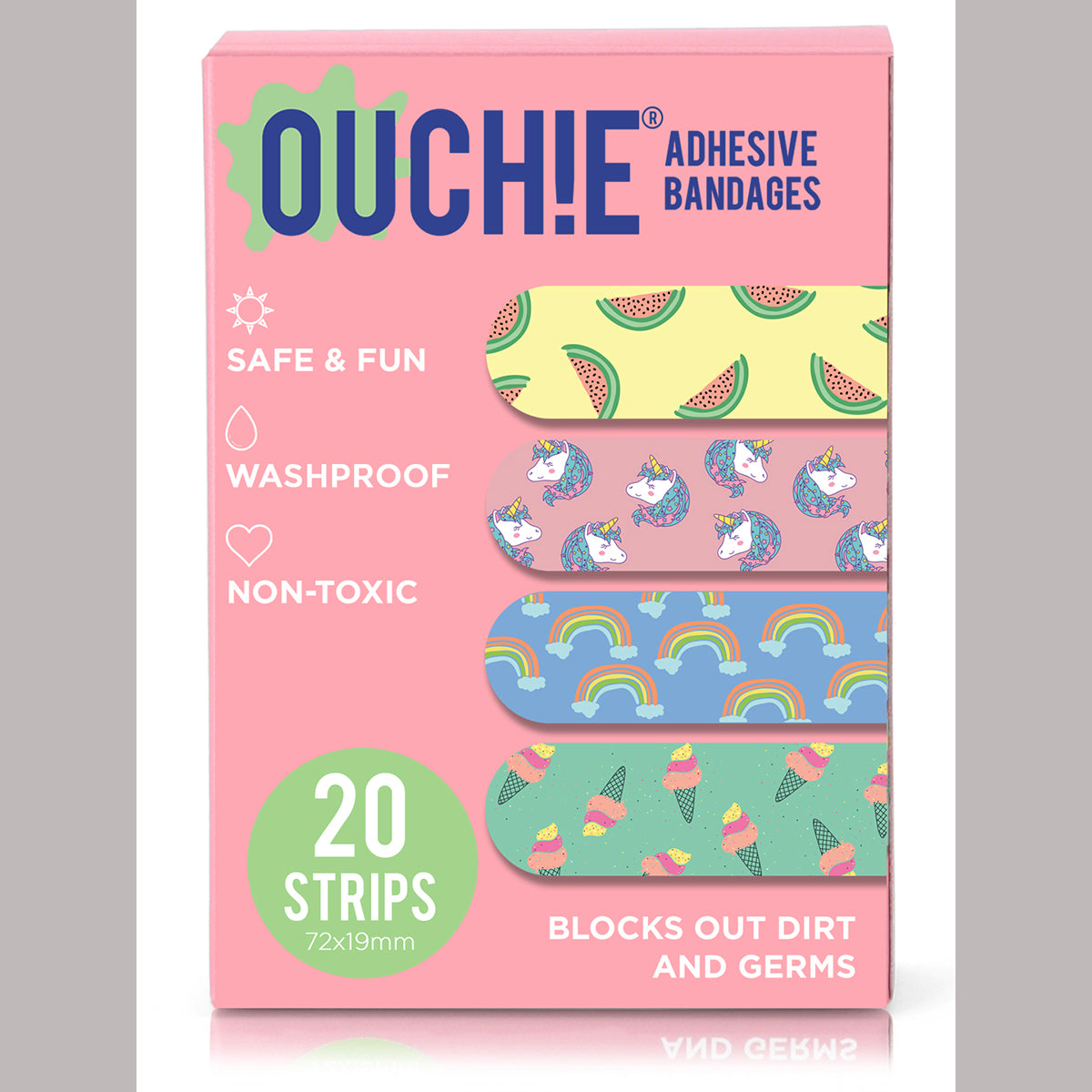 AYA PAPAYA Ouchie NON-TOXIC Printed JUMBO Pack (80 PACK) - Pink, Lavender, Space Blue, Yellow