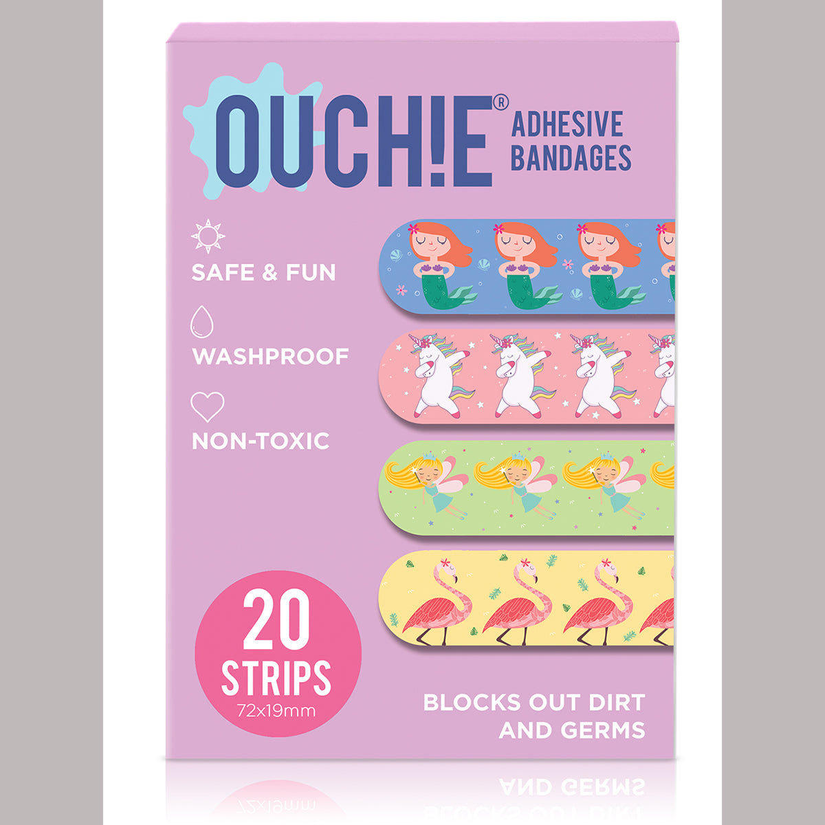 AYA PAPAYA Ouchie NON-TOXIC Printed JUMBO Pack (80 PACK) - Pink, Lavender, Space Blue, Yellow