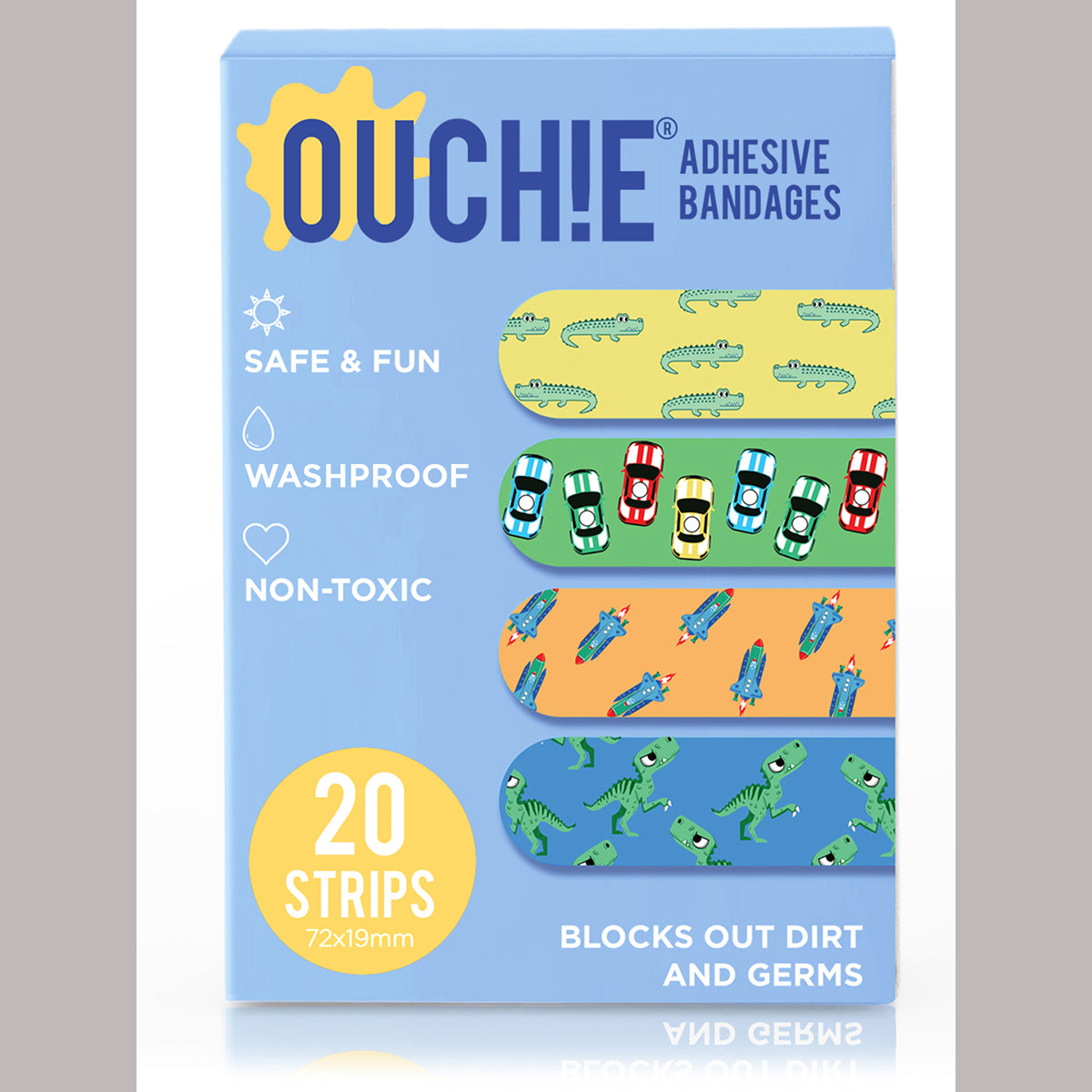 AYA PAPAYA Ouchie NON-TOXIC Printed JUMBO Pack (80 PACK) - Pink, Space Blue, Yellow, Blue