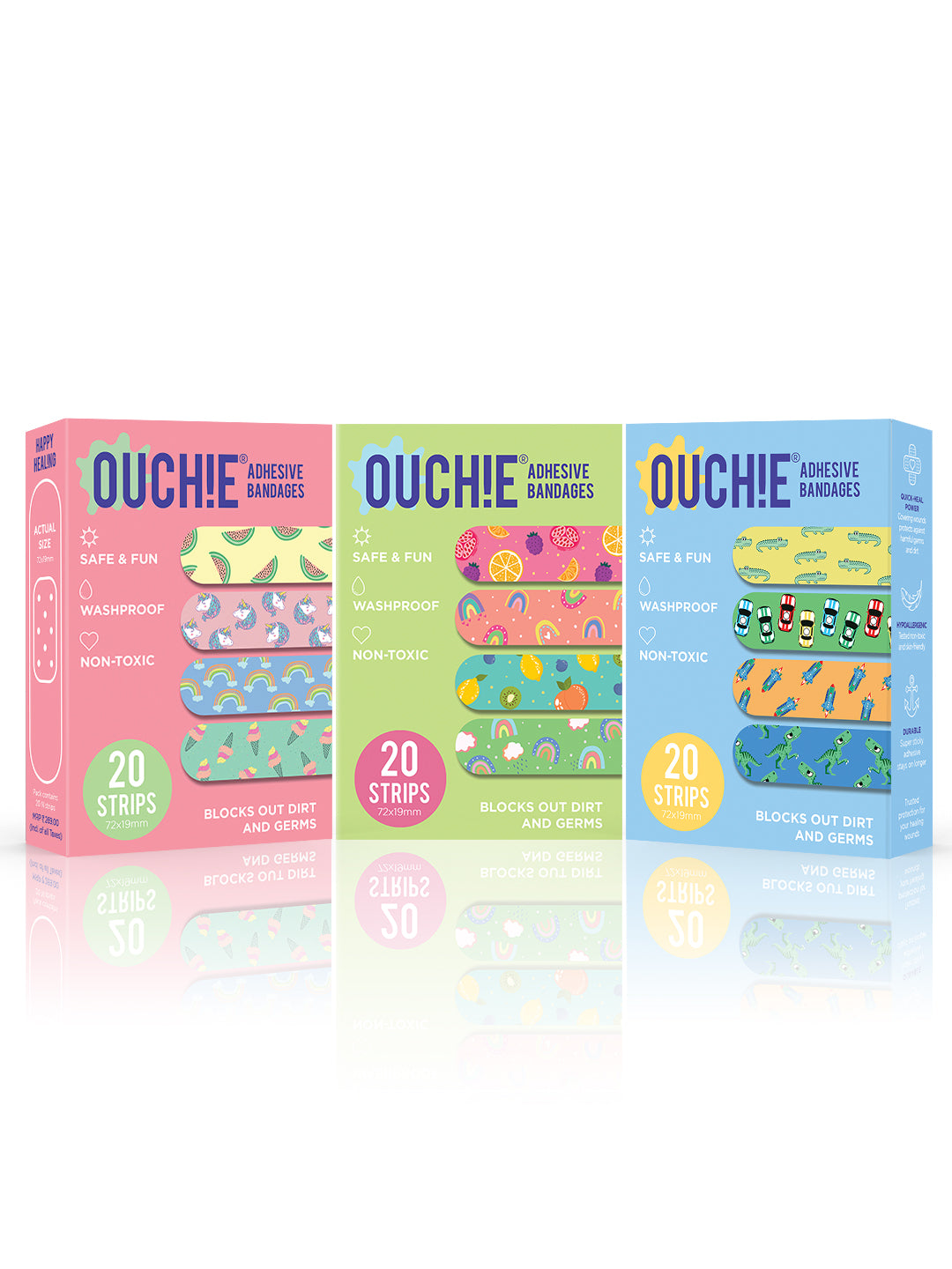 Ouchie Non-Toxic Printed Bandages Triple Combo (60 Pack) - Pink, Lime Green & Blue