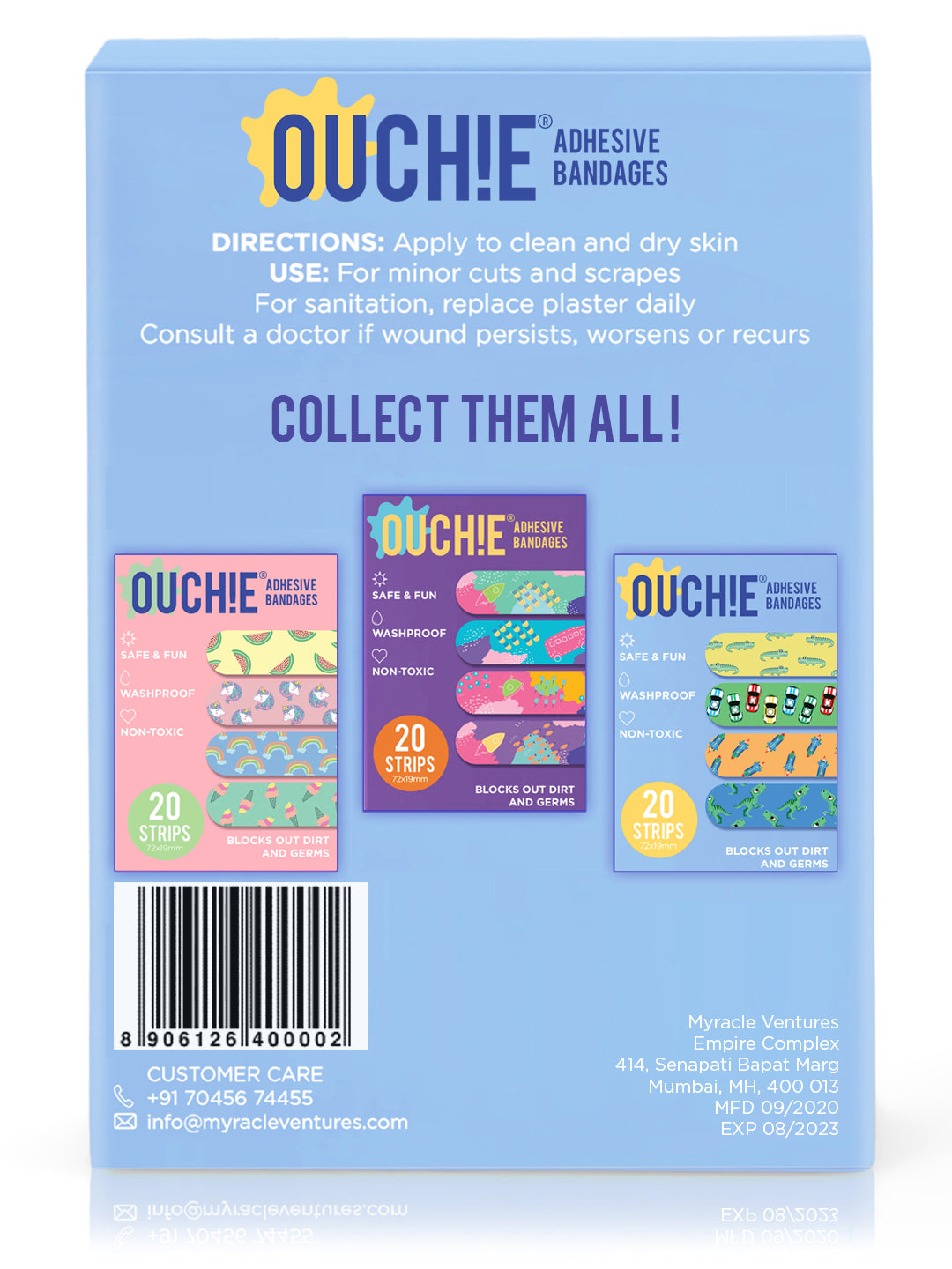 Ouchie Non-Toxic Printed Bandages Triple Combo (60 Pack) - Pink, Lime Green & Blue