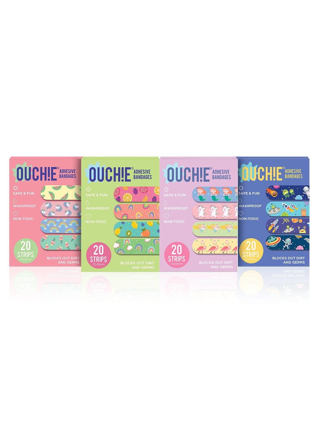 Ouchie Non-Toxic Printed Bandages Jumbo Pack (80 Pack) - Pink, Lime Green, Lavender & Space Blue