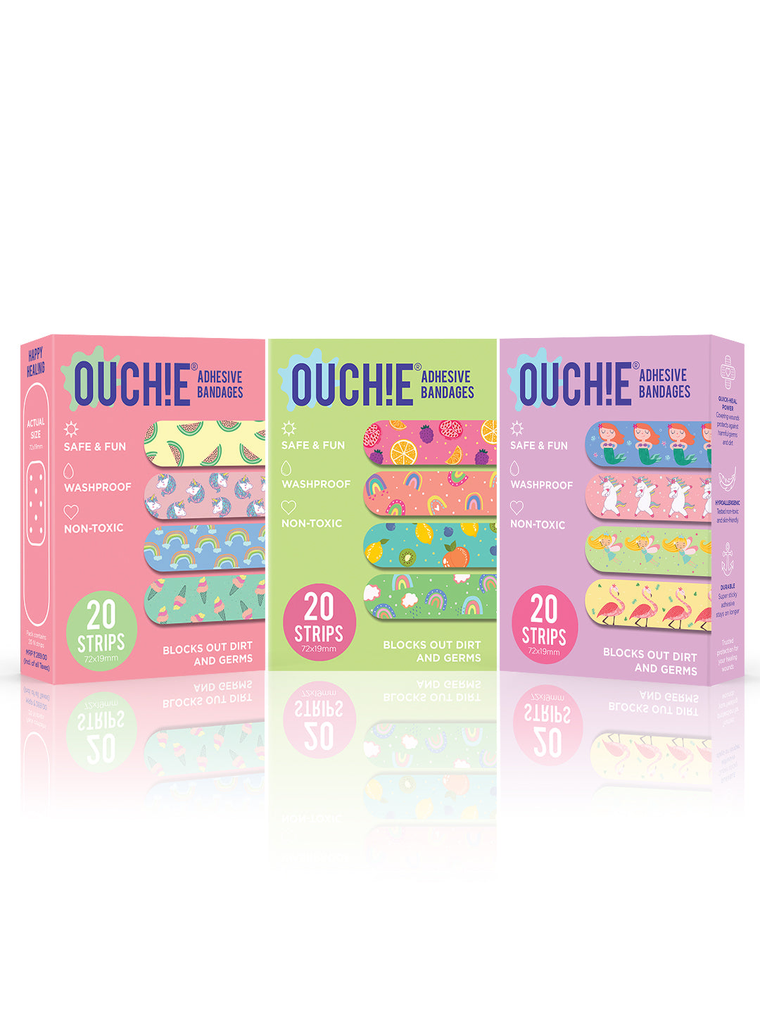 Ouchie Non-Toxic Printed Bandages Triple Combo (60 Pack) - Pink, Lime Green & Lavender