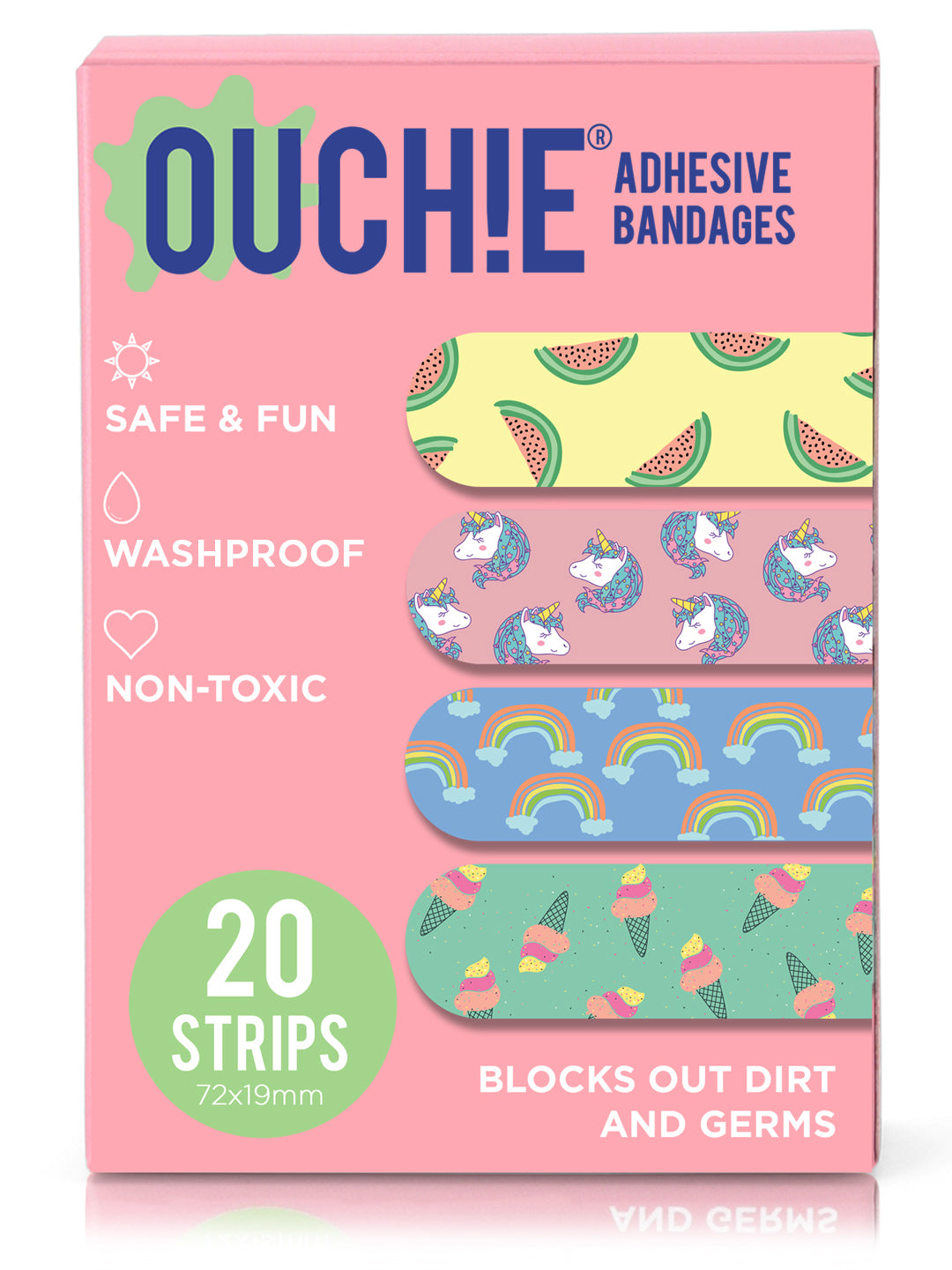 Ouchie Non-Toxic Printed Bandages Triple Combo (60 Pack) - Pink, Lime Green & Lavender