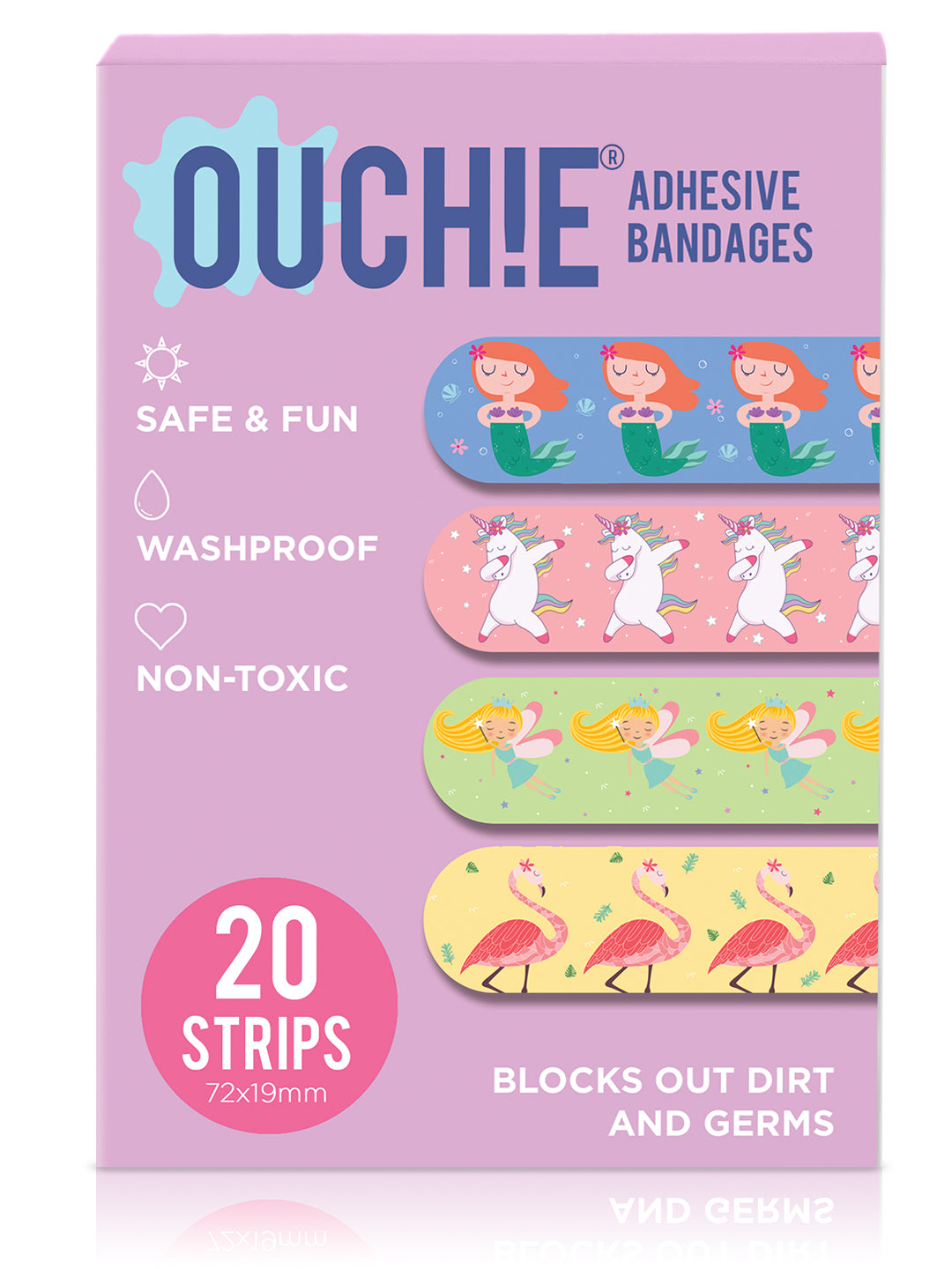 Ouchie Non-Toxic Printed Bandages Triple Combo (60 Pack) - Pink, Lime Green & Lavender