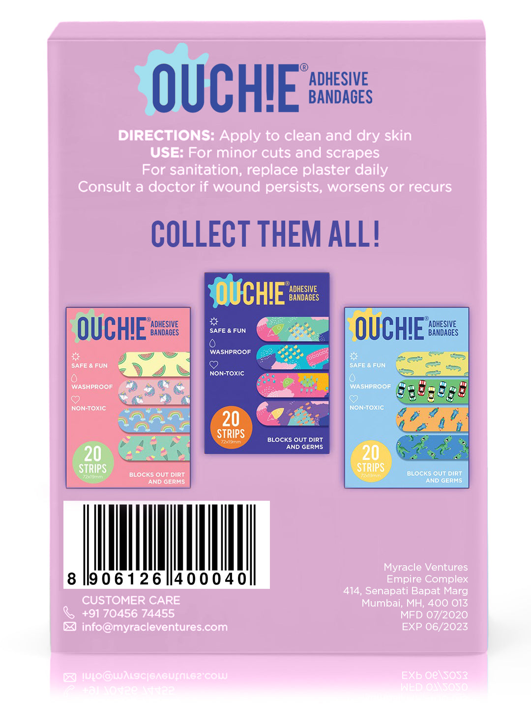 Ouchie Non-Toxic Printed Bandages Triple Combo (60 Pack) - Pink, Lime Green & Lavender