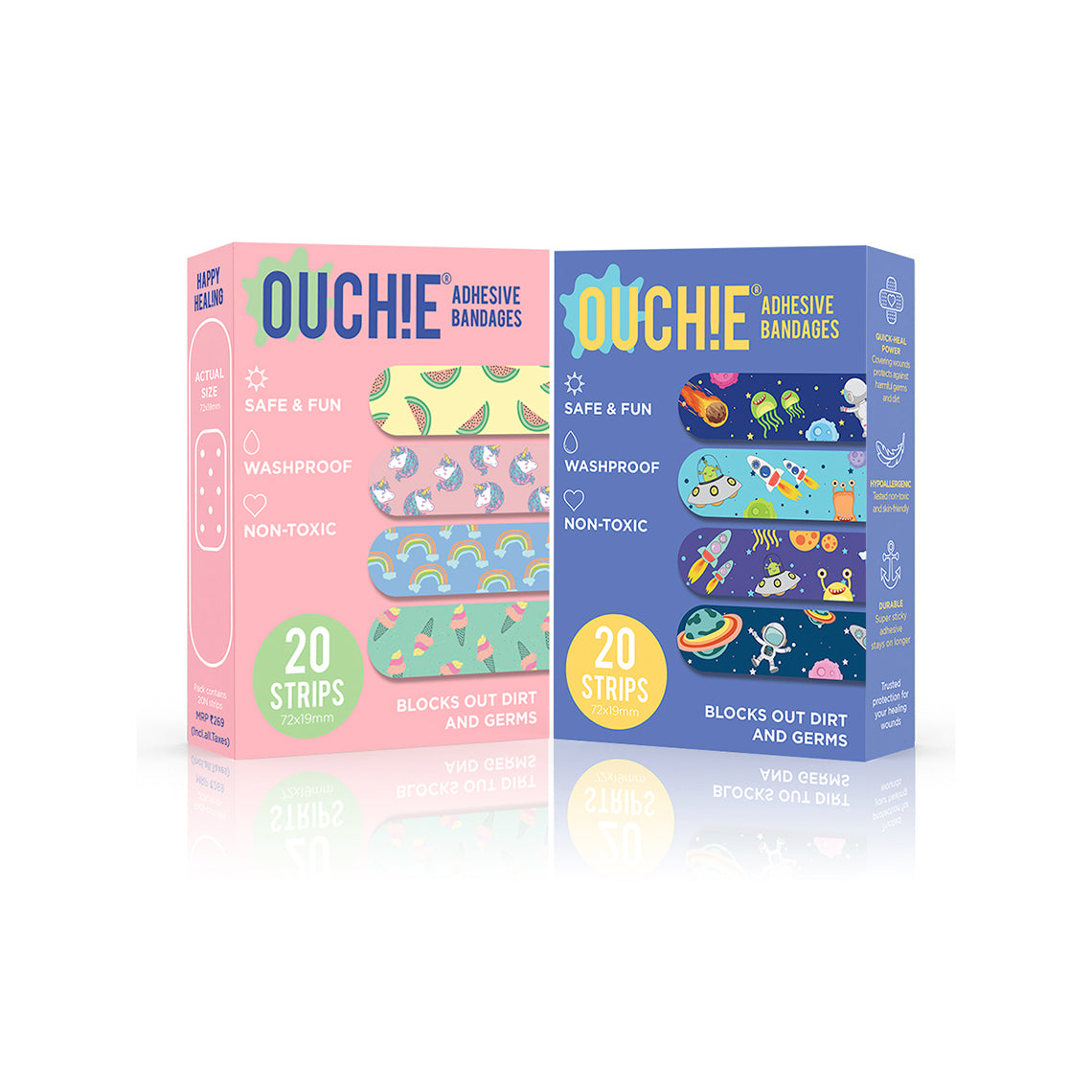 Ouchie Non-Toxic Printed Bandages Combo Set of 2 (40 Pack) - Pink & Space Blue