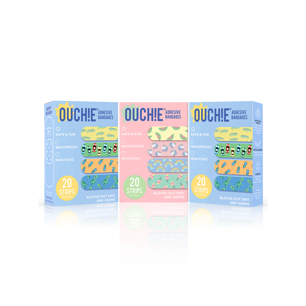 'Ouchie Printed Bandages'  Combo Pack of 3 (20 x 3 = 60) (2 Blue & 1 Pink)