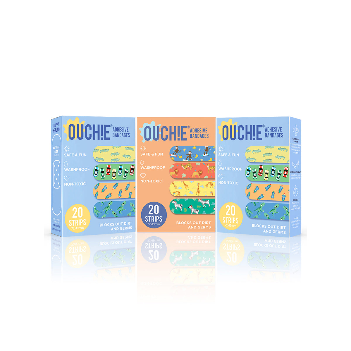 'Ouchie Printed Bandages'  Combo Pack of 3 (20 x 3 = 60) (2 Blue & 1 Orange)