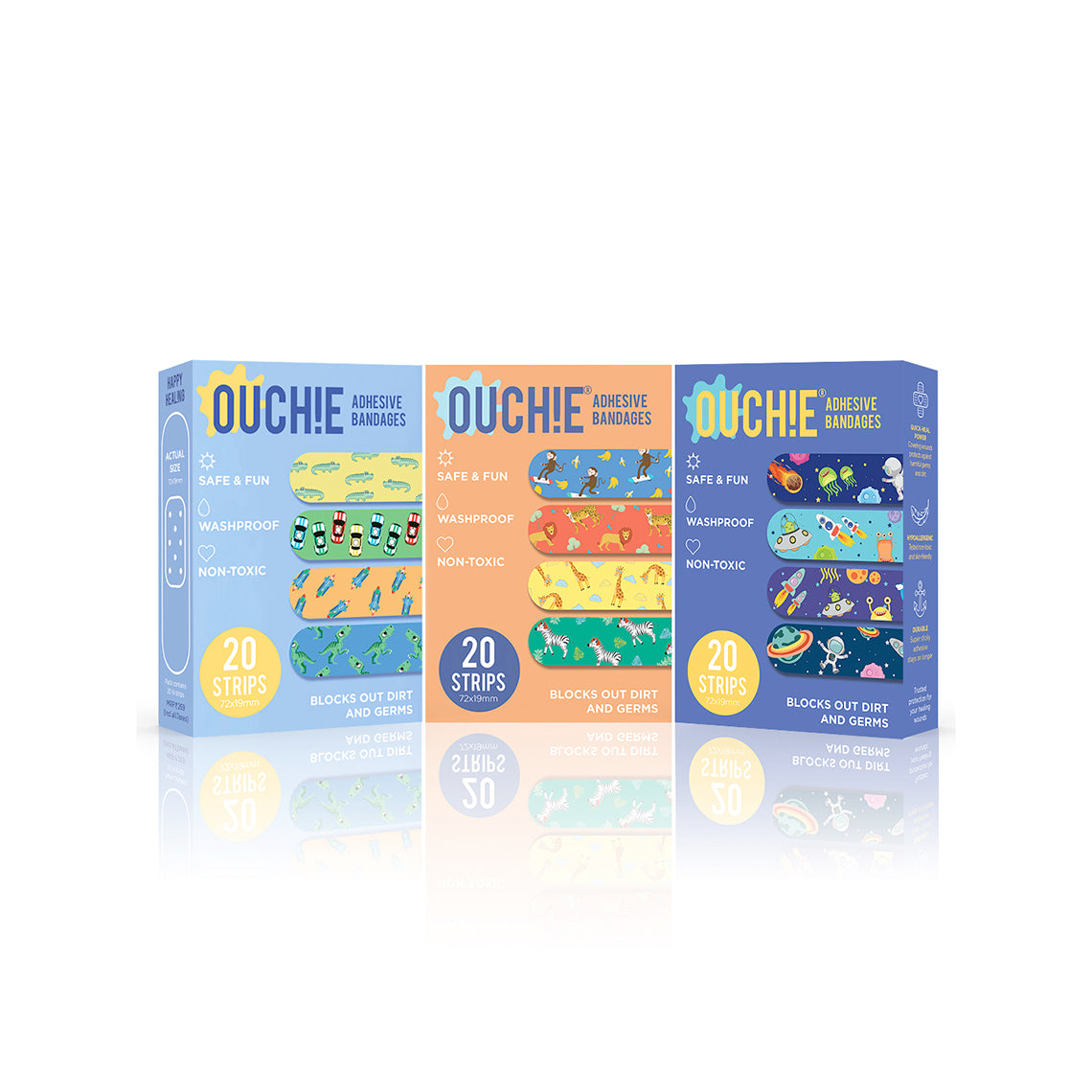 Ouchie Non-Toxic Printed Triple Combo (60 Pack) - Blue, Orange, Space Blue