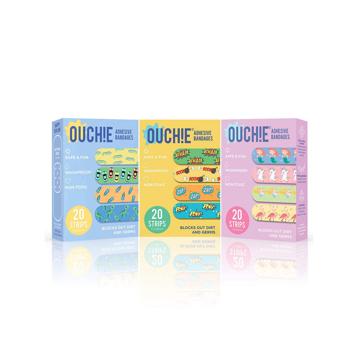 Ouchie Non-Toxic Printed Triple Combo (60 Pack) - Blue, Yellow, Lavender