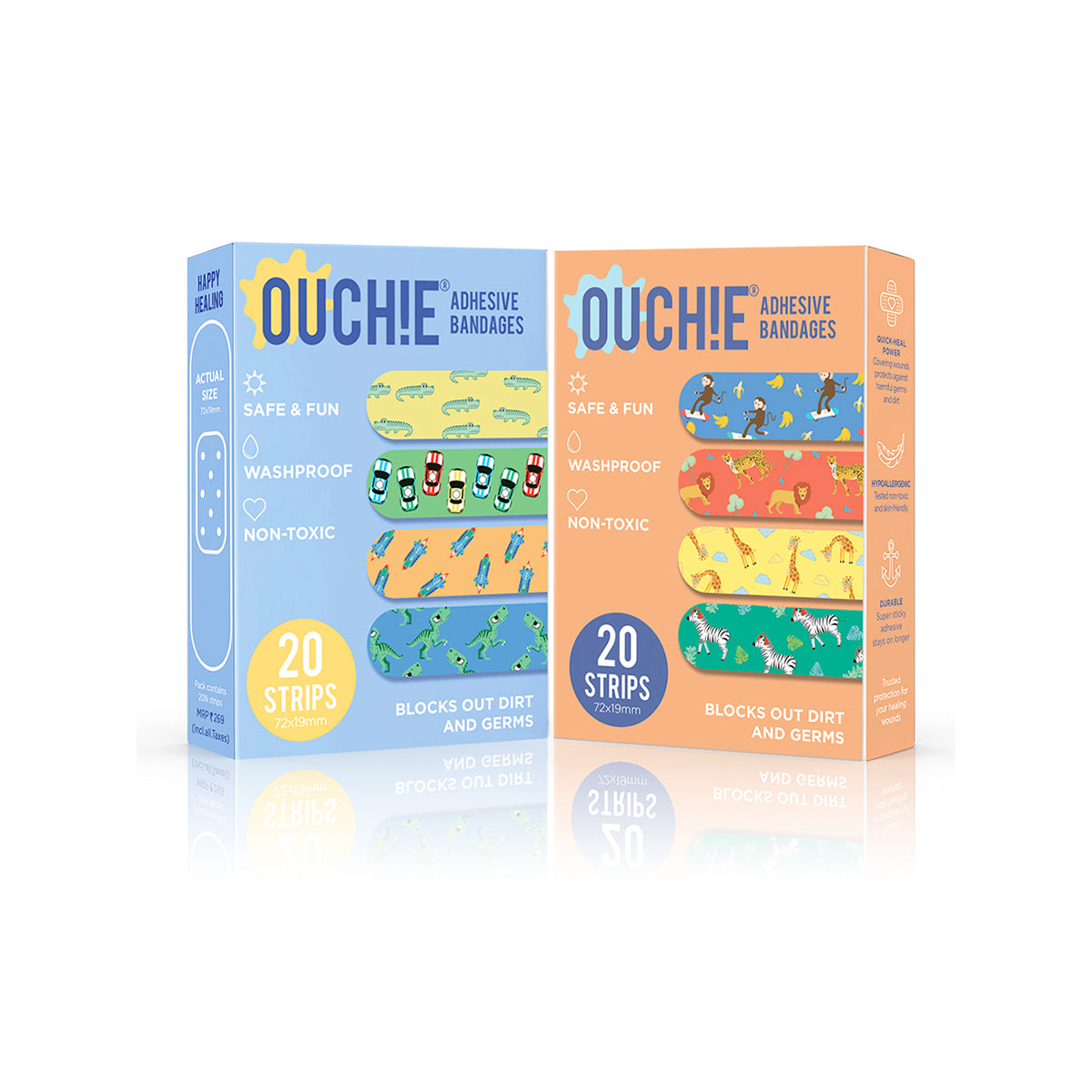 Ouchie Non-Toxic Printed Bandages COMBO Set of 2 (2 x 20= 40 Pack)- (BLUE & ORANGE)