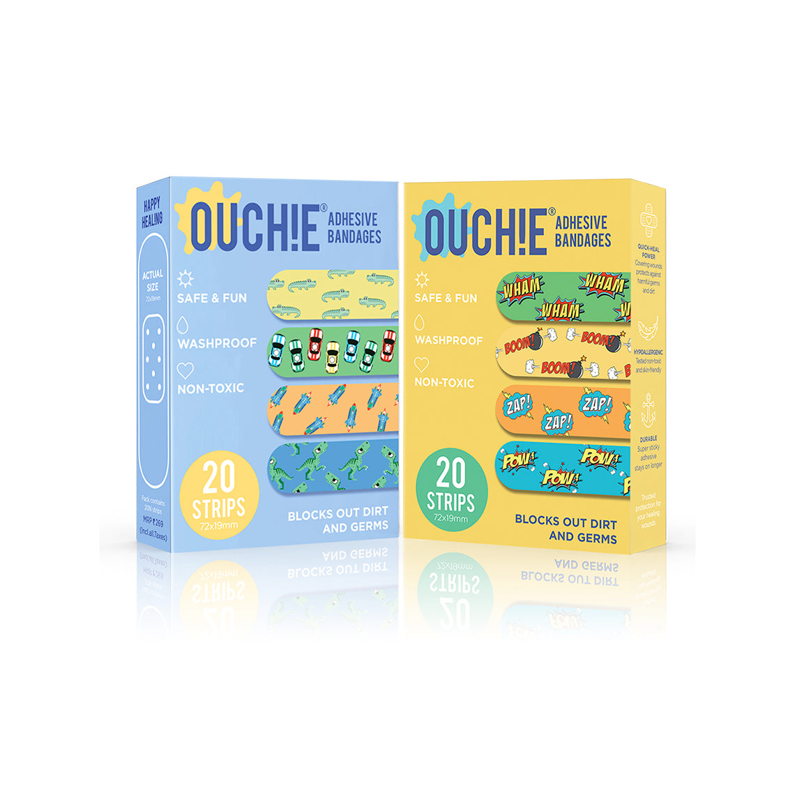 Ouchie Non-Toxic Printed Bandages Combo Set of 2 (40 Pack) - Blue & Yellow