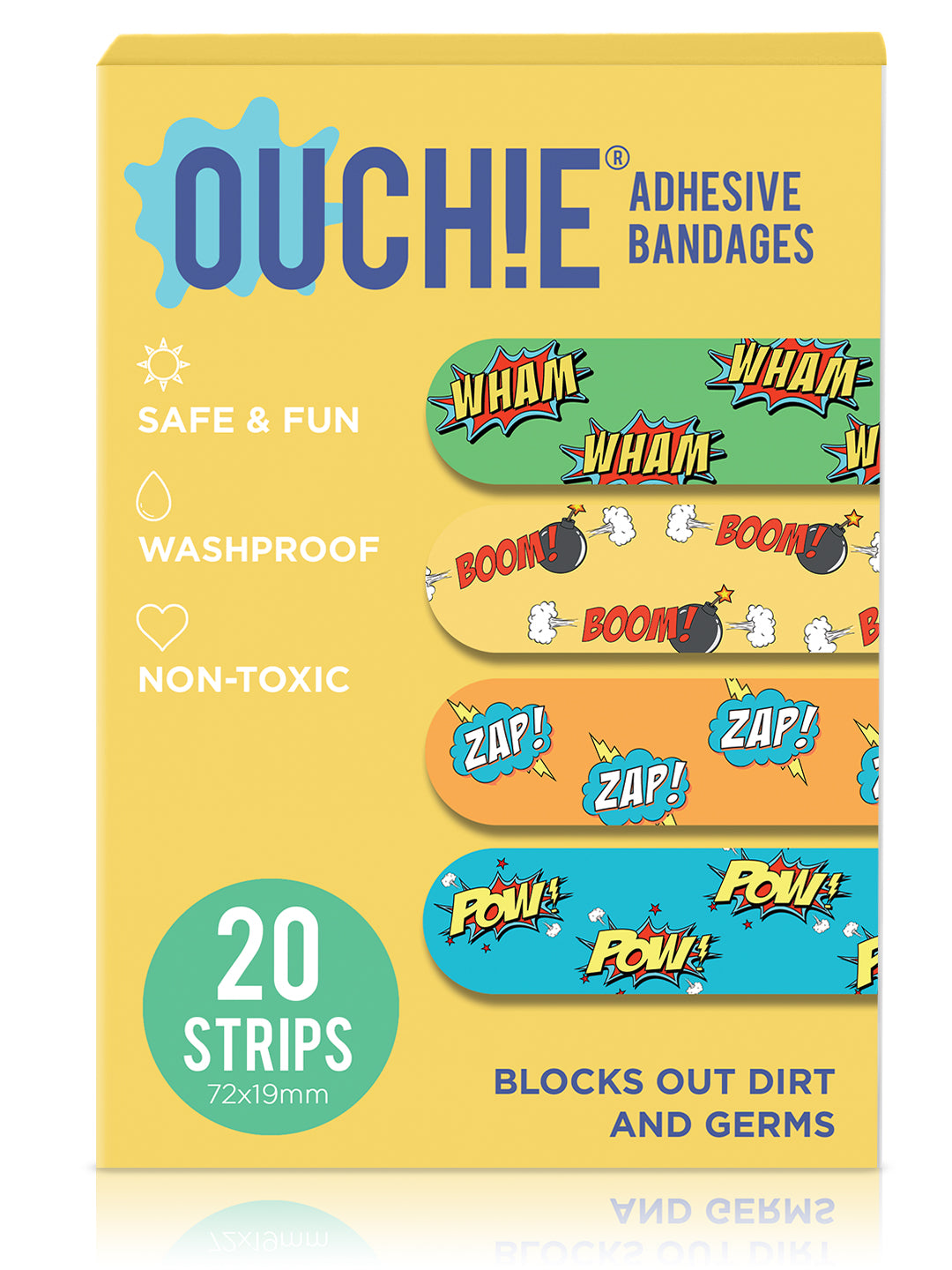 Ouchie Non-Toxic Printed Bandages Combo Set of 2 (40 Pack) - Blue & Yellow