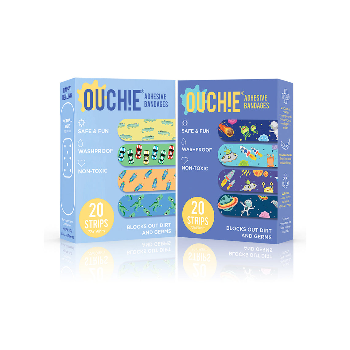 Ouchie Non-Toxic Printed Bandages Combo Set of 2 (40 Pack) - Blue & Space Blue