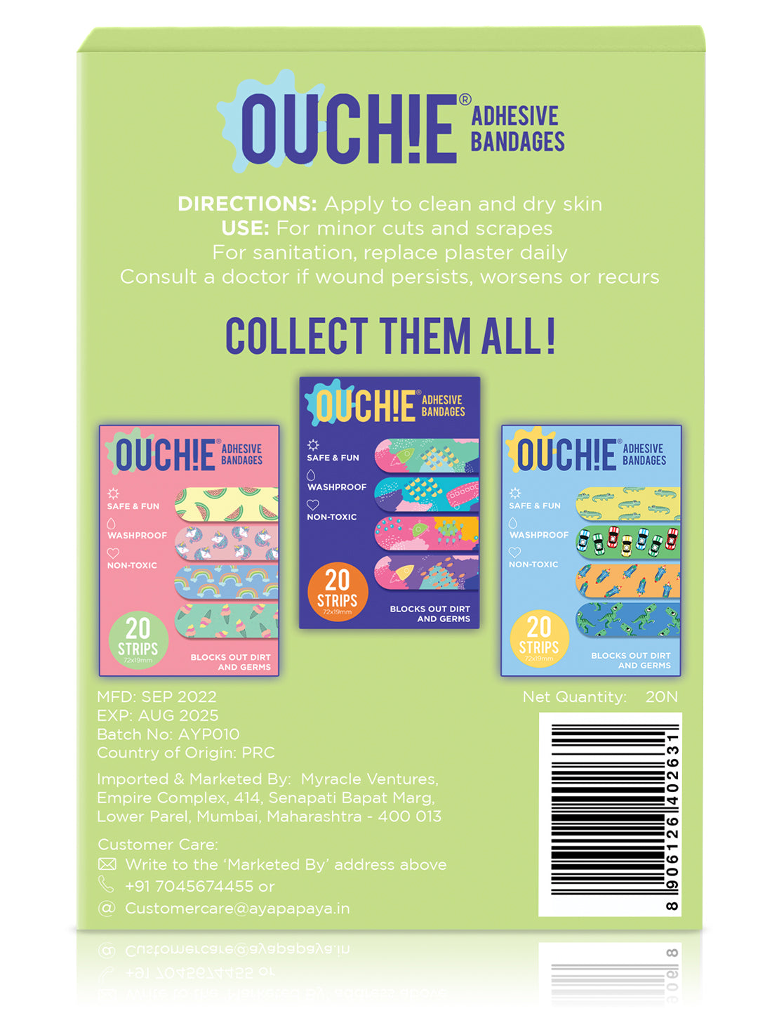Ouchie Non-Toxic Printed Bandages Double Combo Set (40 Pack) - Blue & Lime Green