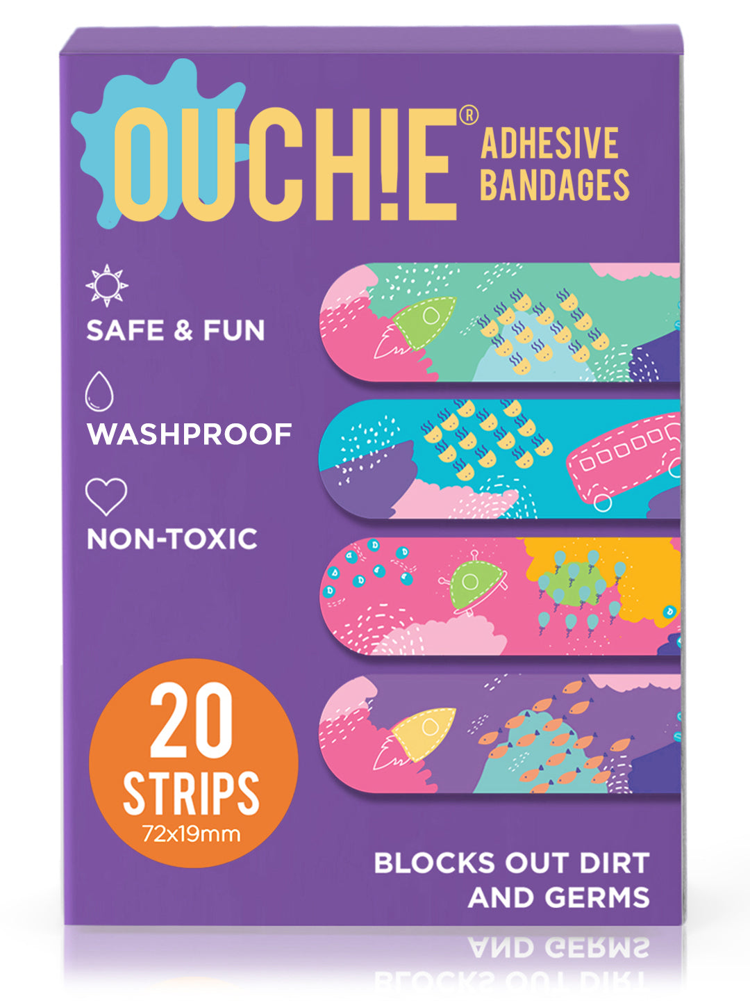 Ouchie Non-Toxic Printed Bandages Double Combo Set (40 Pack) - Purple & Lime Green